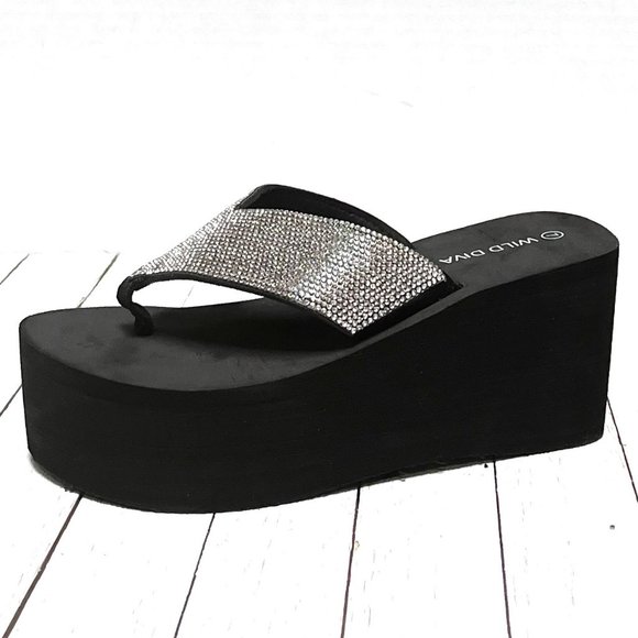 New Black Rhineatone Thong Platform Wedge Sandals - Picture 3 of 5